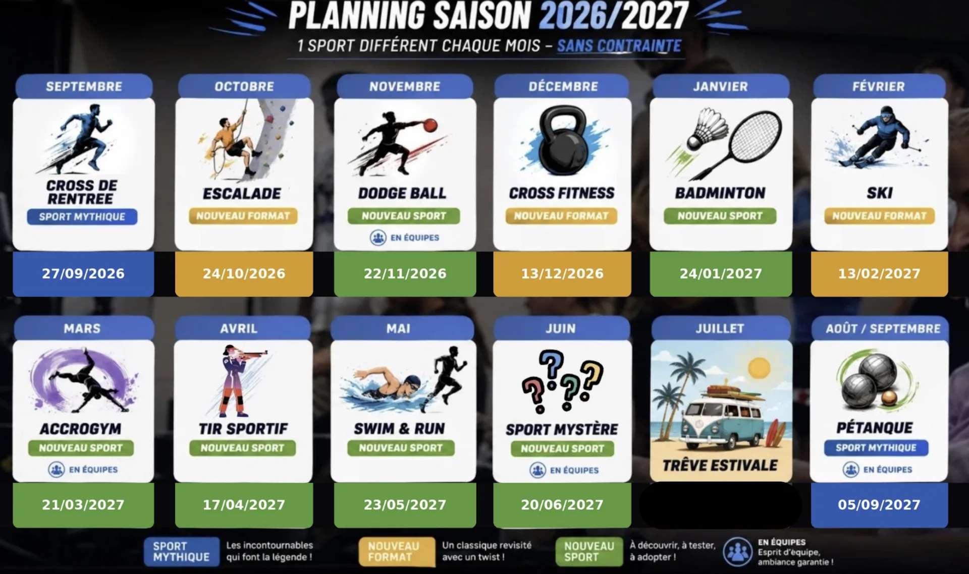 Planning saison 26/27 — un sport différent chaque mois